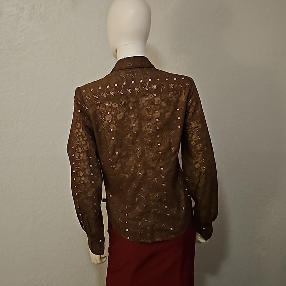 CRUEL GIRL Brownk Sheer Floral Eyelet Long Sleeve Snap Button Western Shirt - Picture 5 of 8